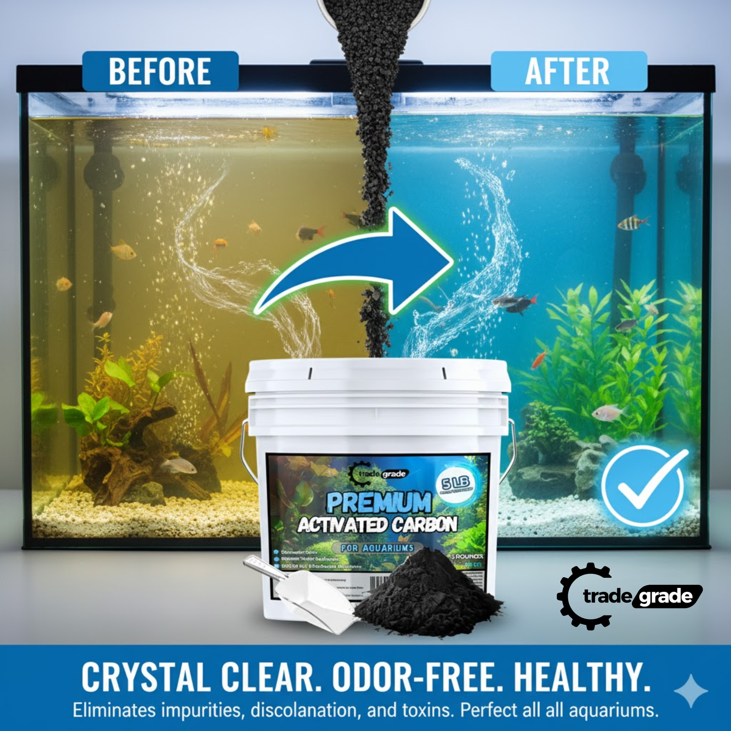 TradeGrade Premium Activated Carbon – Bulk Bucket | High-Performance Aquarium Filter Media for Crystal Clear Water | Granulated Activated Charcoal for Fish Tank Filters & Water Purification