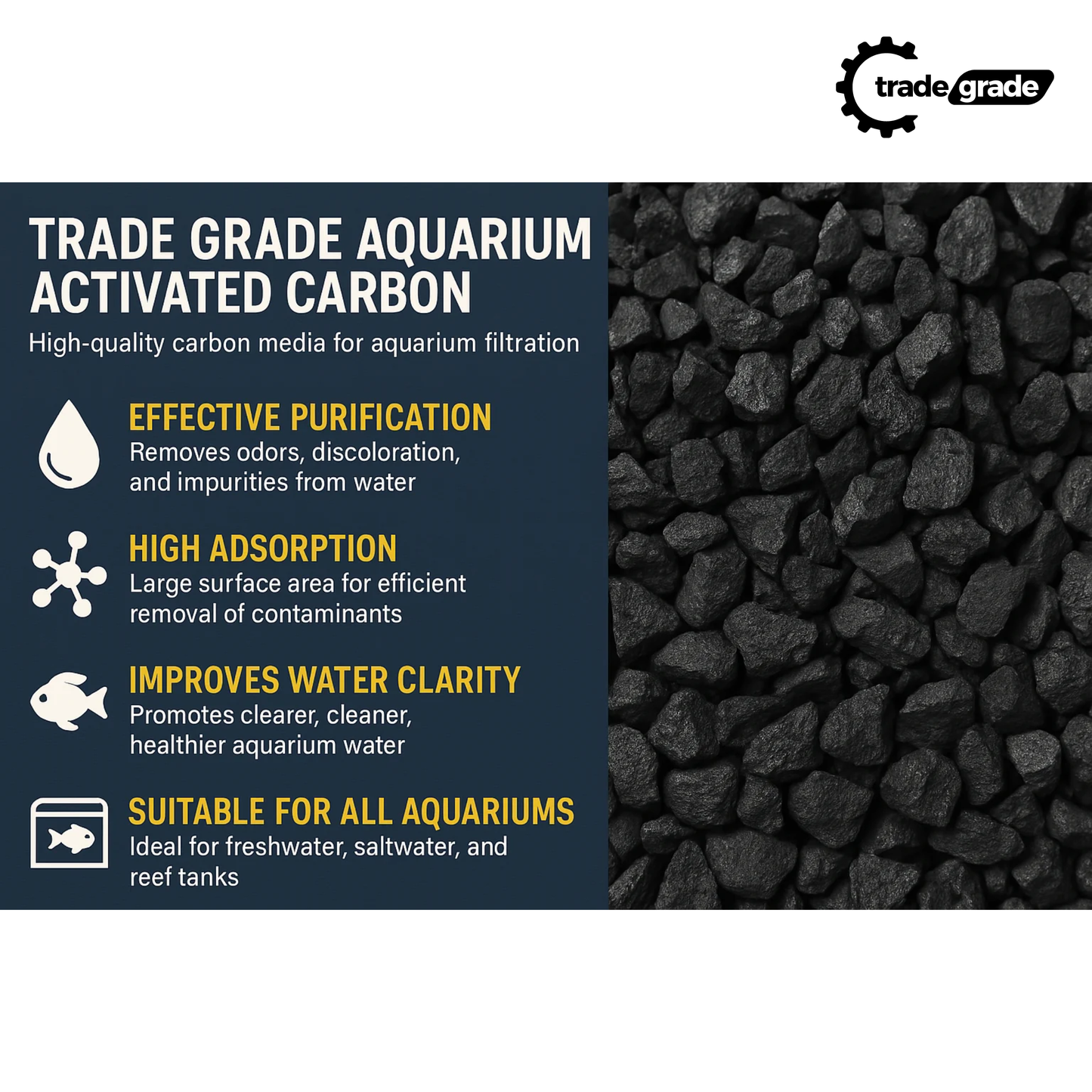 TradeGrade Premium Activated Carbon – Bulk Bucket | High-Performance Aquarium Filter Media for Crystal Clear Water | Granulated Activated Charcoal for Fish Tank Filters & Water Purification