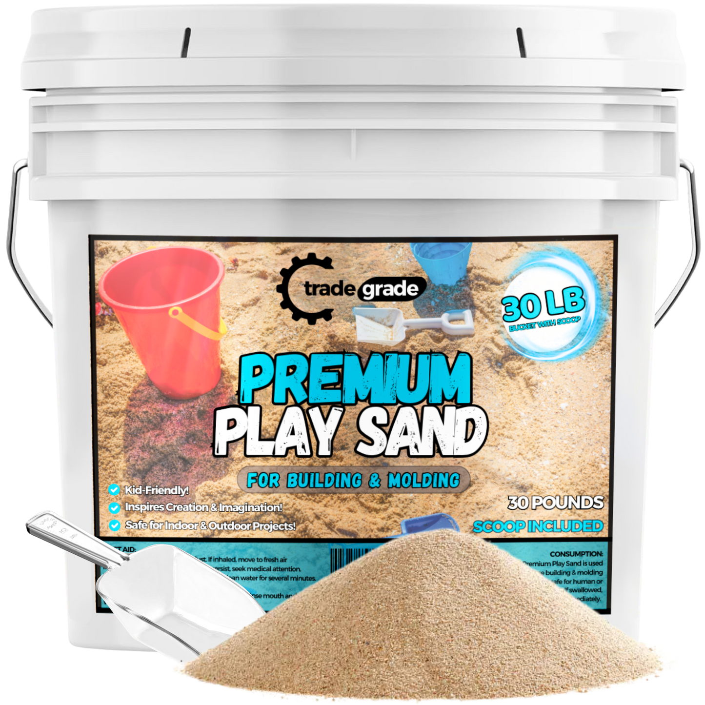 Trade Grade Play Sand for Sandbox Sand for Kids - Bulk Bucket Natural Play Sand for Kids, Sensory Play, Tables, & Outdoor Fun, Perfect for Wet Castle Building & Creativity