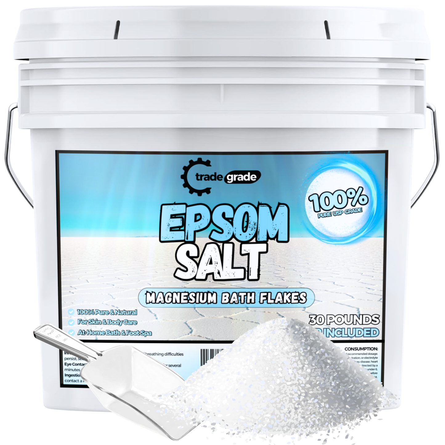 TradeGrade Epsom Salt – Pure Magnesium Sulfate for Soaking & Relaxation – Muscle Recovery, Wellness & Stress Relief – Includes Bucket with Scoop