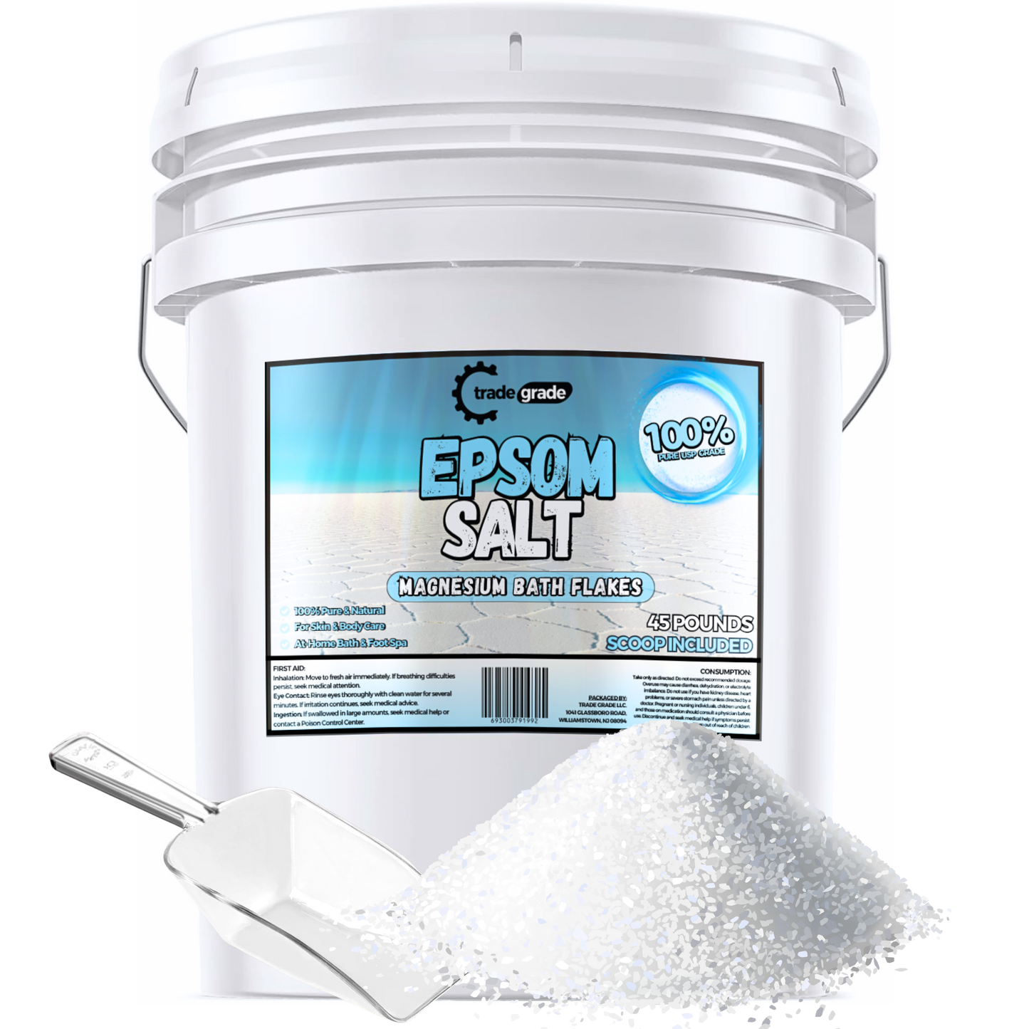 TradeGrade Epsom Salt – Pure Magnesium Sulfate for Soaking & Relaxation – Muscle Recovery, Wellness & Stress Relief – Includes Bucket with Scoop