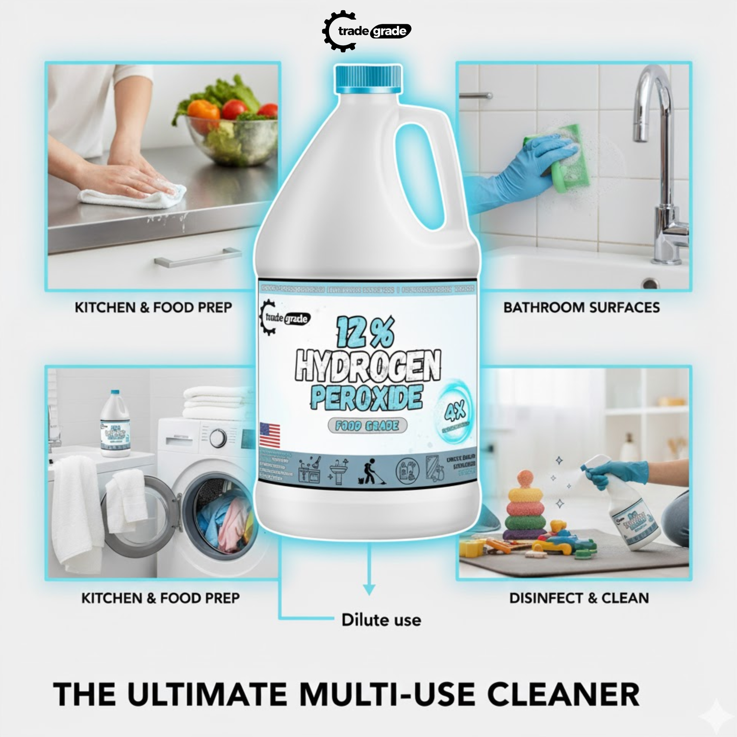 TradeGrade 12% Food Grade Hydrogen Peroxide H202 – Powerful 4X Concentrate | Multipurpose Cleaner for Home, Kitchen, Laundry & More