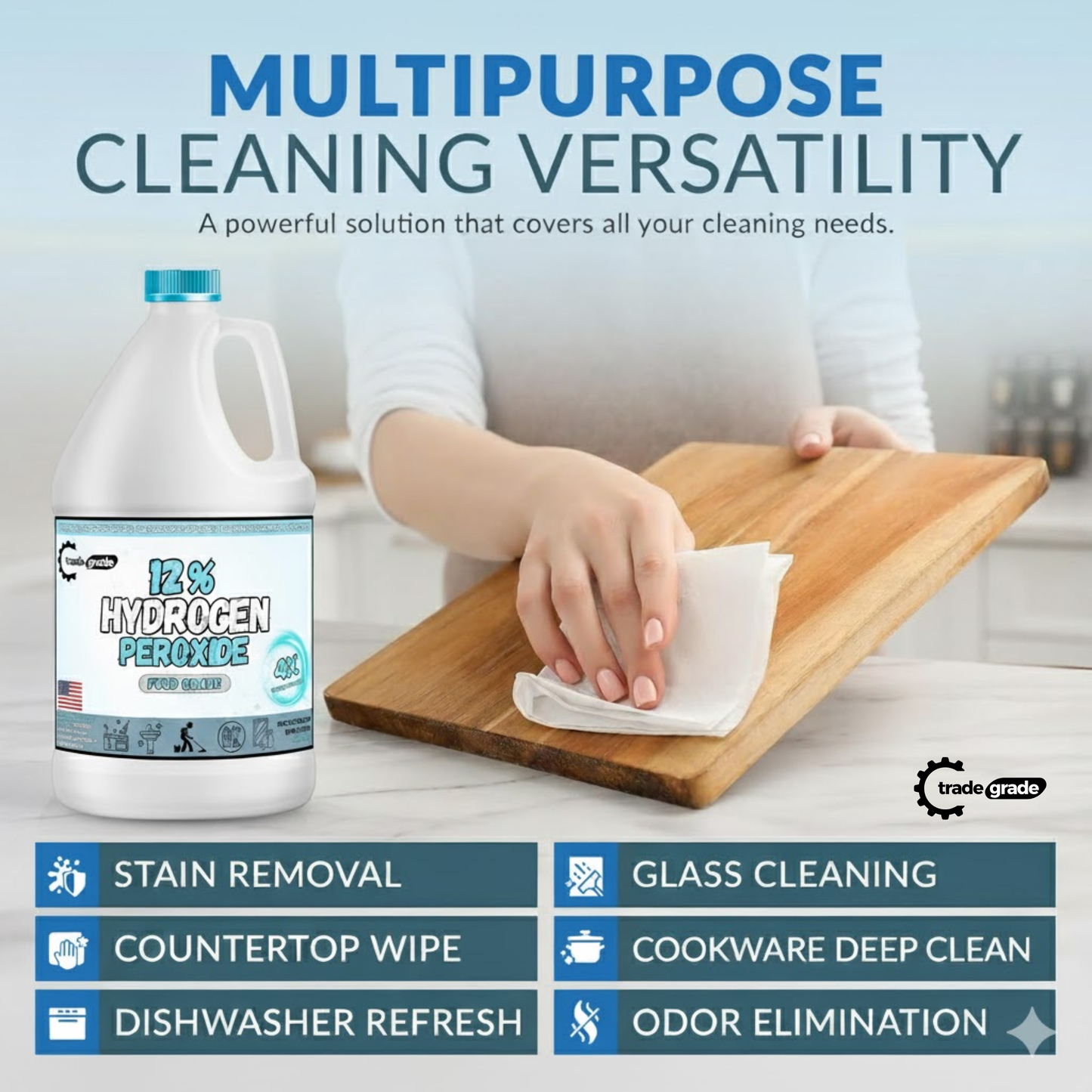 TradeGrade 12% Food Grade Hydrogen Peroxide H202 – Powerful 4X Concentrate | Multipurpose Cleaner for Home, Kitchen, Laundry & More