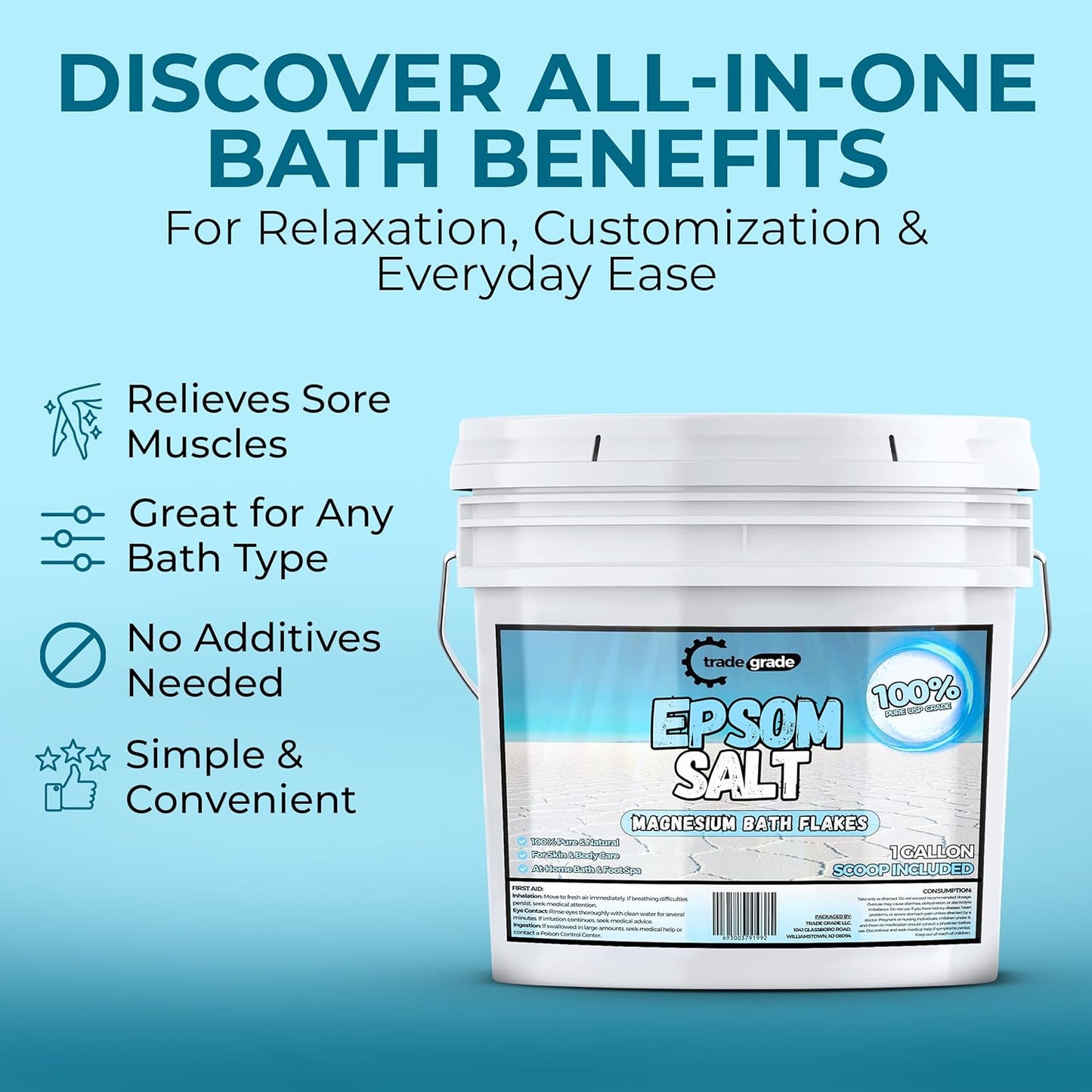 TradeGrade Epsom Salt – Pure Magnesium Sulfate for Soaking & Relaxation – Muscle Recovery, Wellness & Stress Relief – Includes Bucket with Scoop