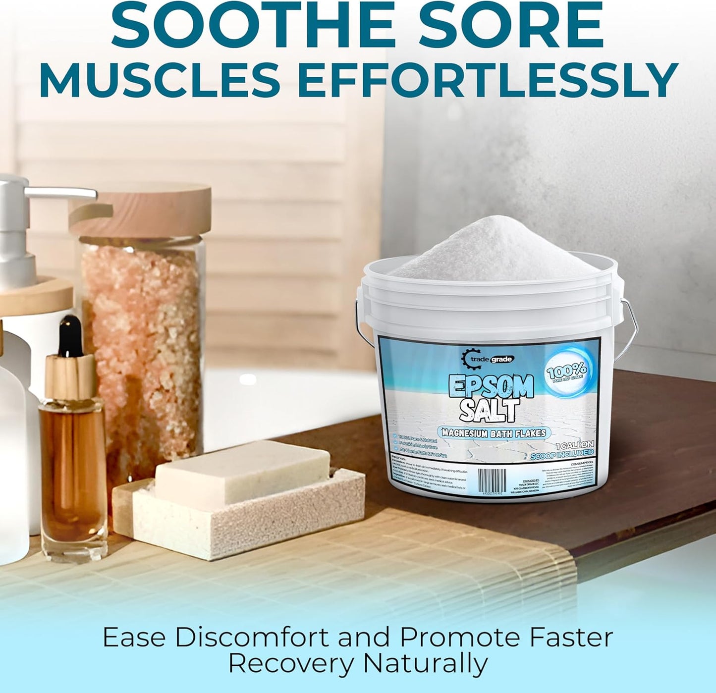 TradeGrade Epsom Salt – Pure Magnesium Sulfate for Soaking & Relaxation – Muscle Recovery, Wellness & Stress Relief – Includes Bucket with Scoop