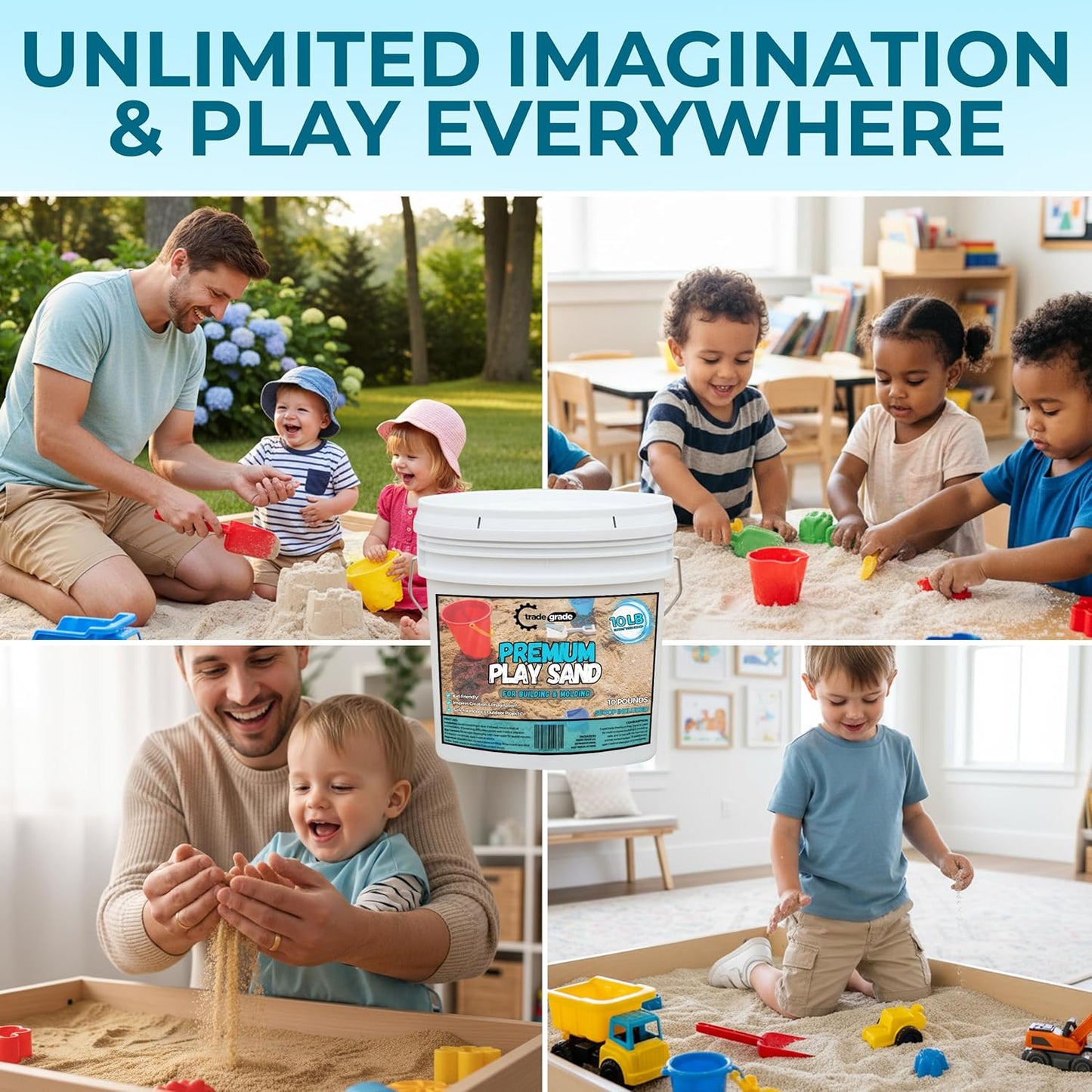 Trade Grade Play Sand for Sandbox Sand for Kids - Bulk Bucket Natural Play Sand for Kids, Sensory Play, Tables, & Outdoor Fun, Perfect for Wet Castle Building & Creativity
