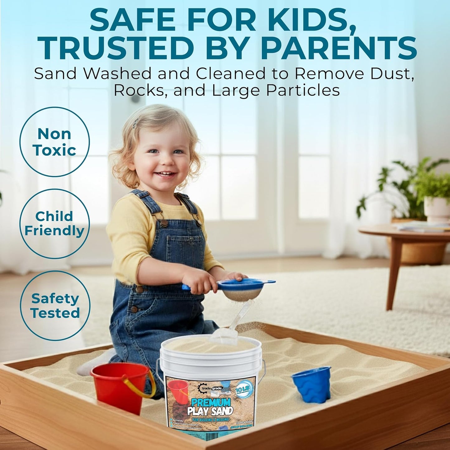 Trade Grade Play Sand for Sandbox Sand for Kids - Bulk Bucket Natural Play Sand for Kids, Sensory Play, Tables, & Outdoor Fun, Perfect for Wet Castle Building & Creativity