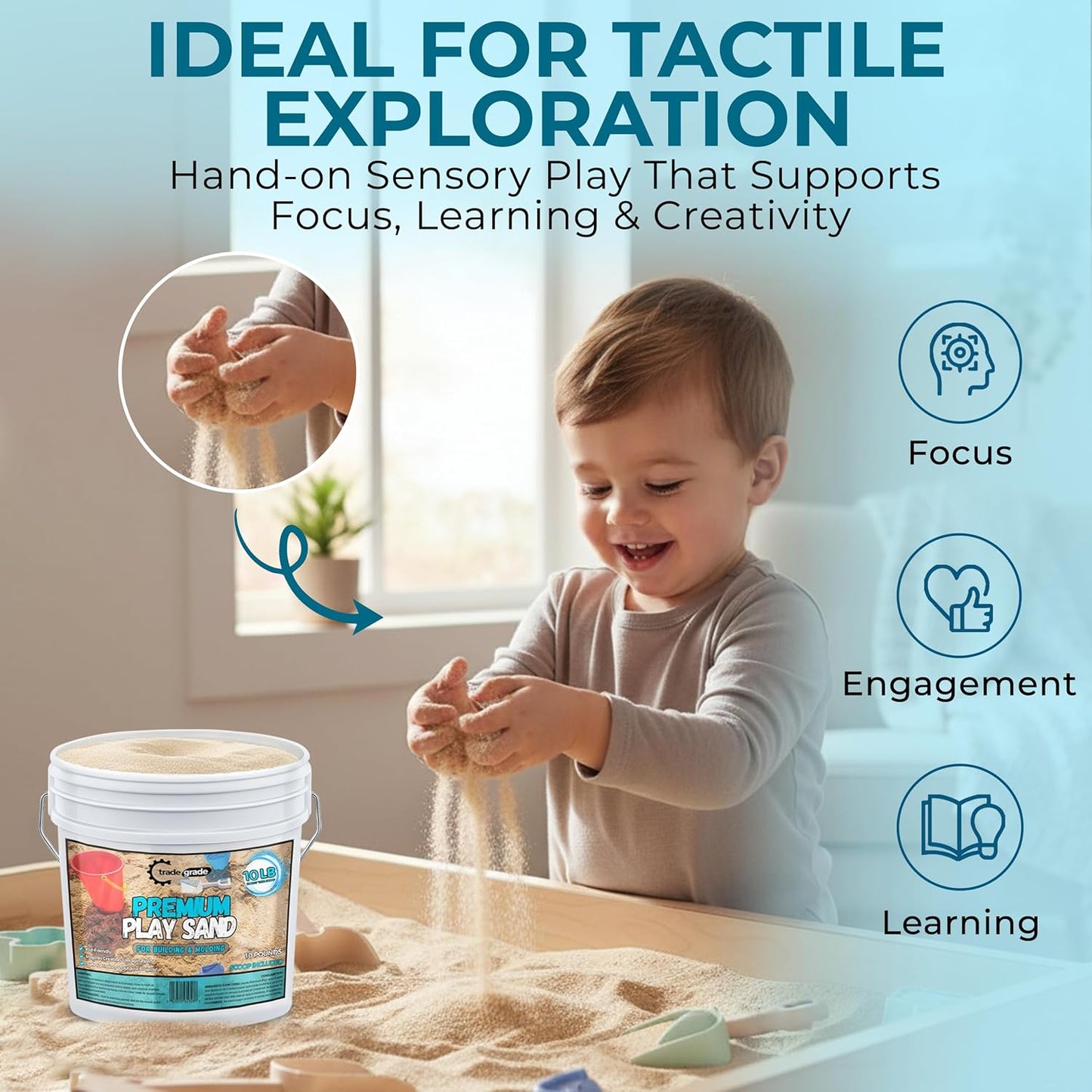 Trade Grade Play Sand for Sandbox Sand for Kids - Bulk Bucket Natural Play Sand for Kids, Sensory Play, Tables, & Outdoor Fun, Perfect for Wet Castle Building & Creativity