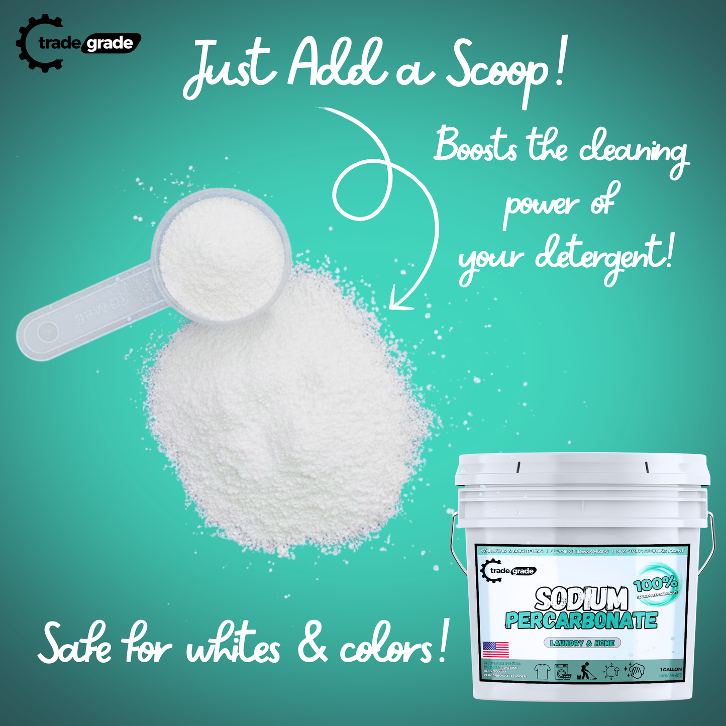 TradeGrade Sodium Percarbonate Powder – Oxygen Bleach Powder for Laundry, Home & Outdoor Cleaning – Unscented Multi-Purpose Cleaner and Stain Remover in Resealable Bucket