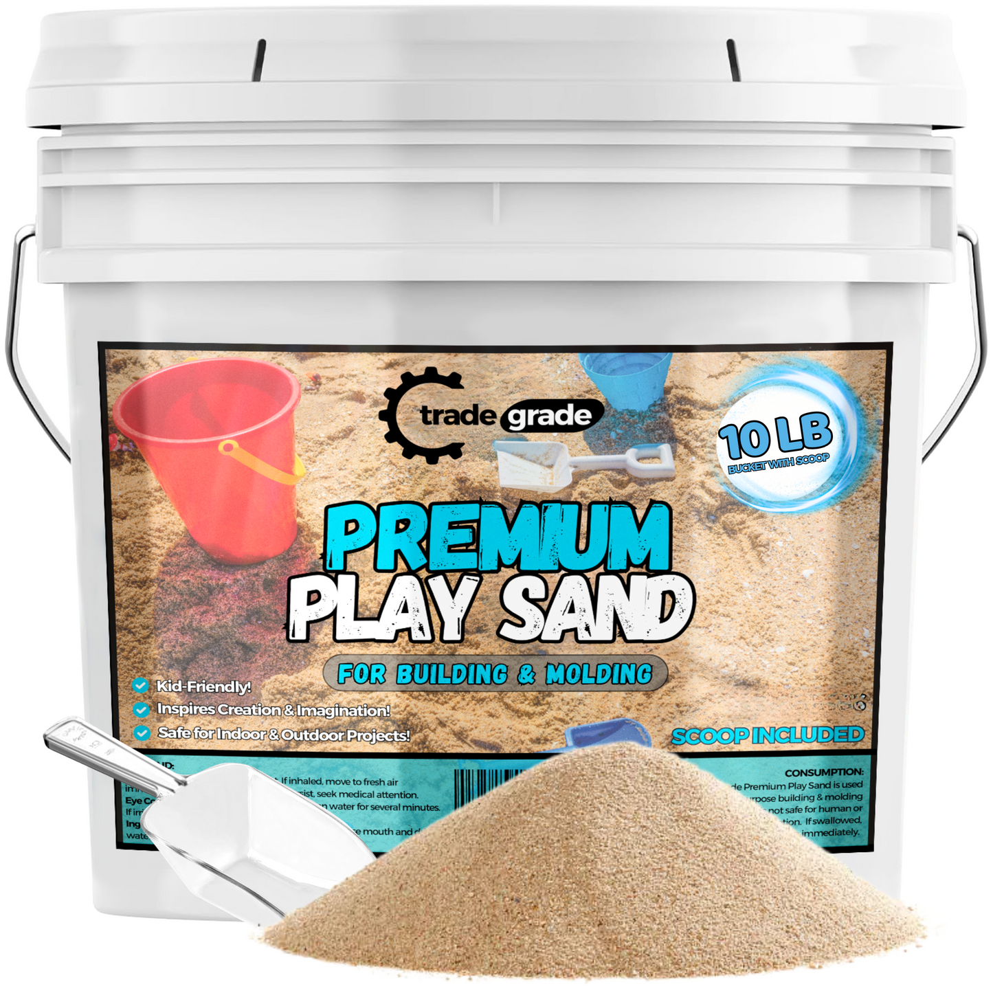 Trade Grade Play Sand for Sandbox Sand for Kids - Bulk Bucket Natural Play Sand for Kids, Sensory Play, Tables, & Outdoor Fun, Perfect for Wet Castle Building & Creativity